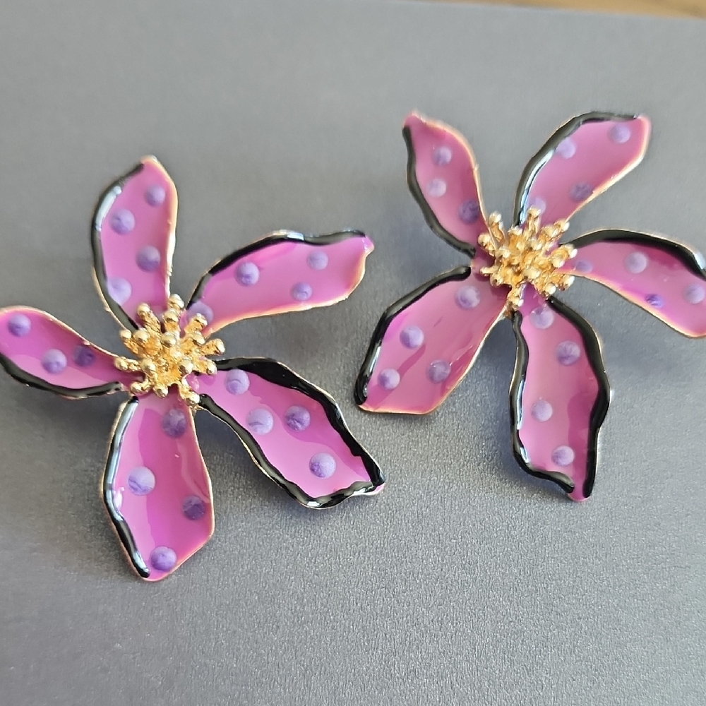 Zara Pink with lavender dots Gold Floral Earrings